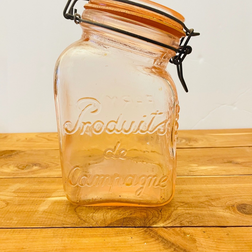 Vintage Peach Pink Glass Produits de Campagne Farmhouse Jar Wire Bail 8.5"